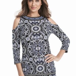 White House Black Market Black and Blue Cold-Shoulder Paisley Medallion Top